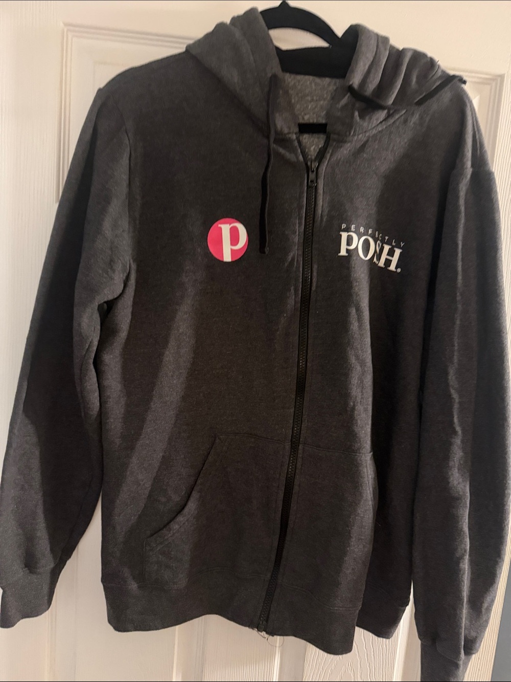 Perfectly Posh Men's Charcoal Gray Zip Hoodie with Pink Logo